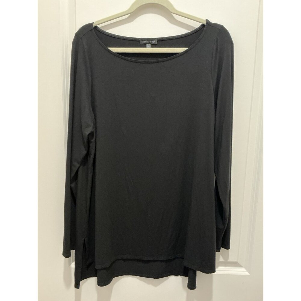 Eileen Fisher Top Large Black Side Vents L/S Viscose Spandex Stretchy